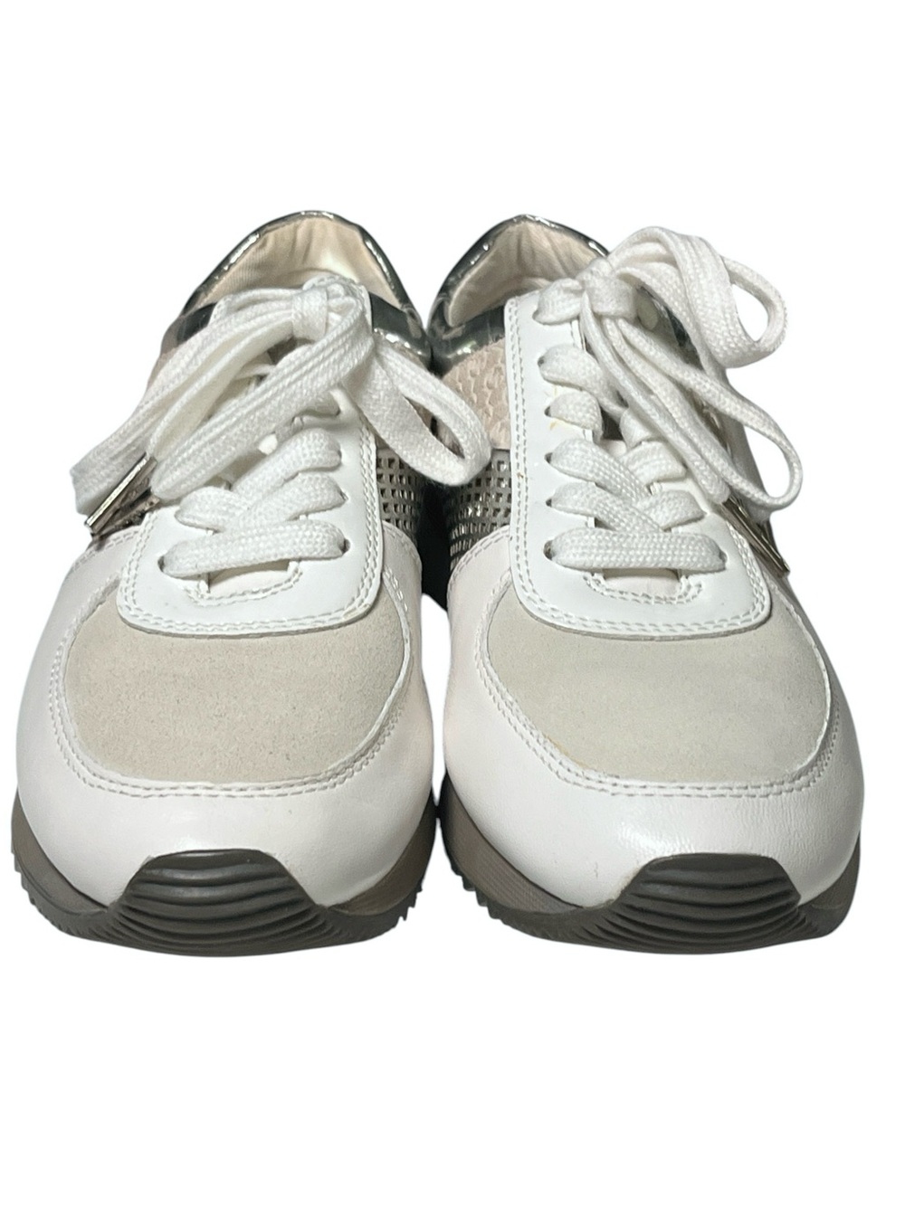 NWOT MICHAEL KORS Allie Trainer Sneakers White Silver Suede Leather Upper 6.5 - Picture 3 of 14